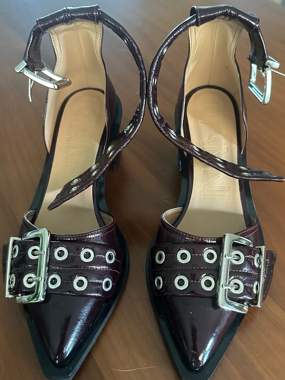 Ganni Burgundy Pointed Toe Ankle Strap Heels with Buckle - Picture 3 of 6